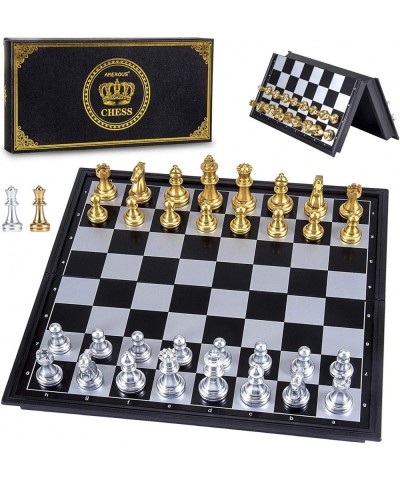 10'' Magetic Travel Chess Set Plastic Portable Folding Chess Board Game with Gold and Silver Chess Pieces - 2 Extra Queens - ...