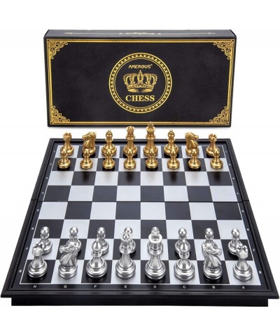 10'' Magetic Travel Chess Set Plastic Portable Folding Chess Board Game with Gold and Silver Chess Pieces - 2 Extra Queens - ...