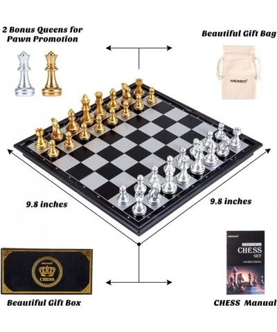 10'' Magetic Travel Chess Set Plastic Portable Folding Chess Board Game with Gold and Silver Chess Pieces - 2 Extra Queens - ...