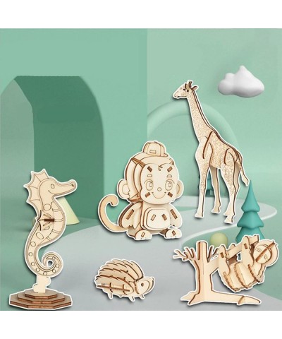 3D Wooden Animal Puzzles for Kids Wood Building Kits Including Puppy Liraffe Monkey Hedgehog Seahorse Elephant Rooster and Sl...