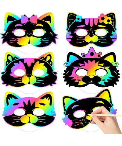 24Pcs Cats Rainbow DIY Scratch Masks Animal Scratch Paper Mask Art Set for Kids Birthday Party Favors Halloween Painting Craf...