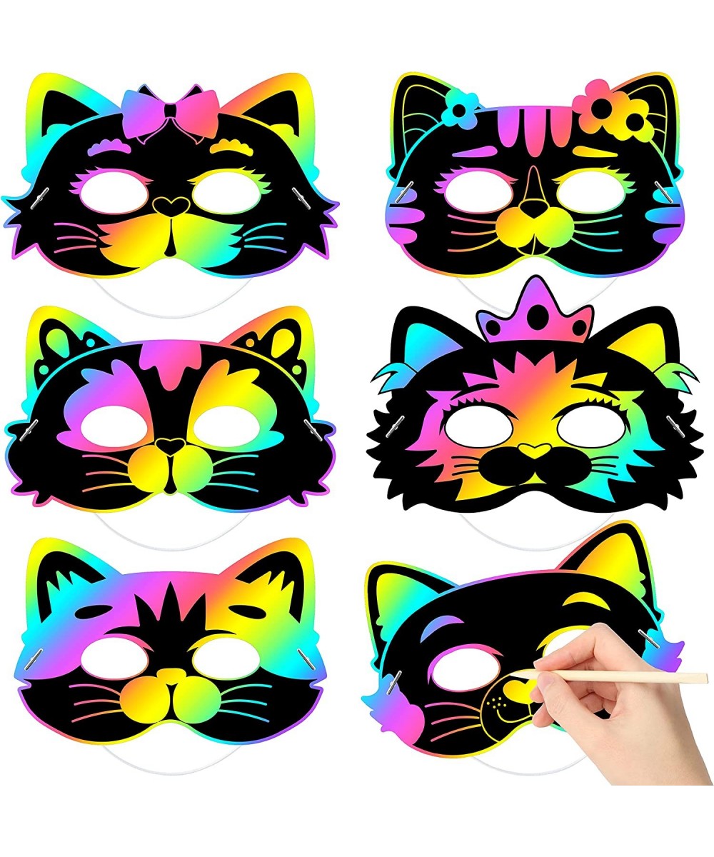 24Pcs Cats Rainbow DIY Scratch Masks Animal Scratch Paper Mask Art Set for Kids Birthday Party Favors Halloween Painting Craf...