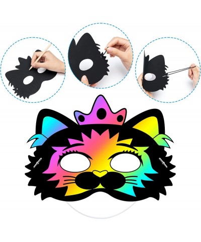 24Pcs Cats Rainbow DIY Scratch Masks Animal Scratch Paper Mask Art Set for Kids Birthday Party Favors Halloween Painting Craf...