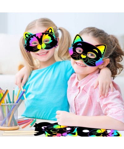 24Pcs Cats Rainbow DIY Scratch Masks Animal Scratch Paper Mask Art Set for Kids Birthday Party Favors Halloween Painting Craf...