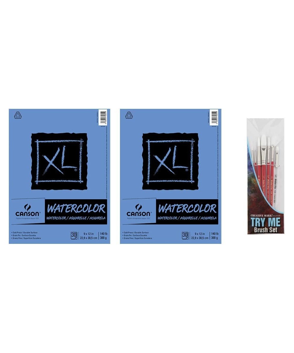 2 Pack Canson XL Series Watercolor Paper Pad 9" x 12" Bundle with Try Me Watercolor Paintbrush Set- Cold Press 140lb 300gsm I...