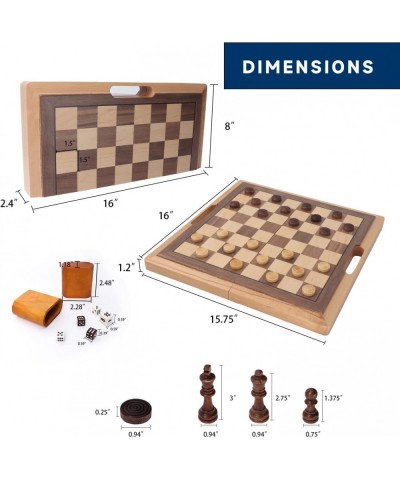 GSE 16" Deluxe 3-in-1 Wooden Folding Chess Checker and Backgammon Board Game Combo Set Portable Travel Chess Checker Backgamm...