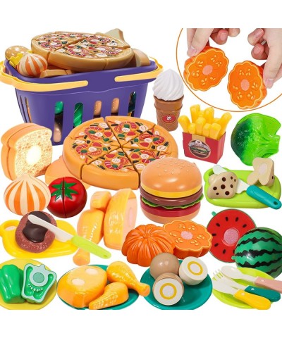 Cutting Play Food Toy for Kids Kitchen Pretend Pizza Fruits & Vegetables Accessories with Storage Basket Plastic Dishes & Kni...