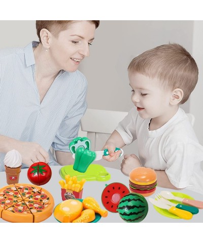 Cutting Play Food Toy for Kids Kitchen Pretend Pizza Fruits & Vegetables Accessories with Storage Basket Plastic Dishes & Kni...