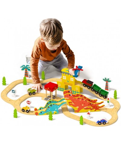 Dinosaur Wooden Train Set for Kids & Toddlers with Dinosaur Play Mat Toy Gift for 3 4 5 6 7 8+ Year Old - 51PCS $70.83 Toy Ve...