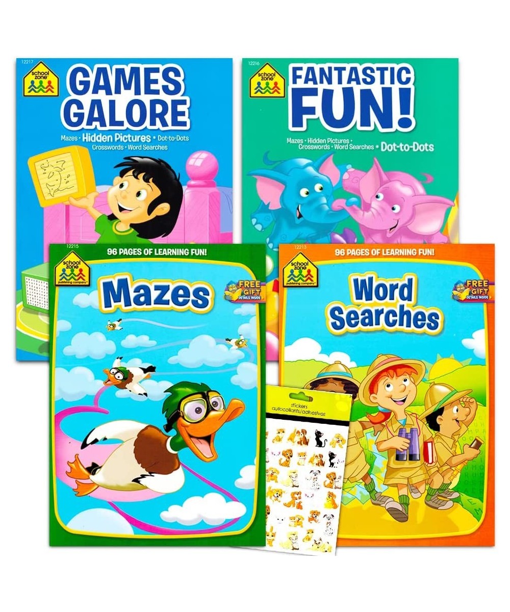 School Zone Activity Book Set Kids-- 4 Books with Reward Stickers (Mazes Connect The Dots Hidden Pictures Word Searches Stick...