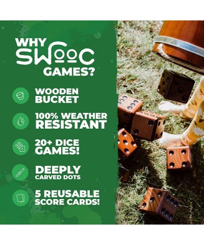 SWOOC Games - Yardzee Farkle & 20+ Games - Giant Yard Dice Set (All Weather) with Wooden Bucket 5 Big Laminated Score Cards a...