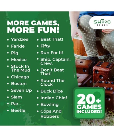 SWOOC Games - Yardzee Farkle & 20+ Games - Giant Yard Dice Set (All Weather) with Wooden Bucket 5 Big Laminated Score Cards a...