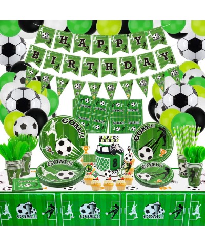 Soccer Party Supplies - Includes Soccer Balloon Happy Birthday Banner Cake Topper Plates Napkins Cup Tablecloth and Straws fo...