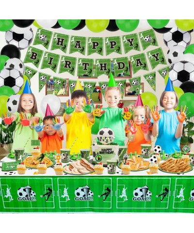 Soccer Party Supplies - Includes Soccer Balloon Happy Birthday Banner Cake Topper Plates Napkins Cup Tablecloth and Straws fo...