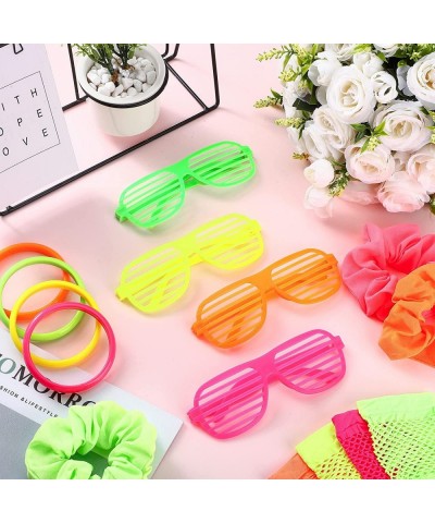 40 Pcs Neon Costume Dress Up Accessories for Women Girls Include 8 Neon Scrunchies 8 Shutter Glasses 8 Fingerless Fishnet Glo...