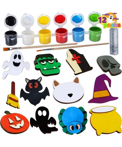 12 Pcs Halloween Craft Kid Wooden Magnet Creativity Arts DIY Halloween Painting Craft Kits for Kids Halloween Party Supplies ...