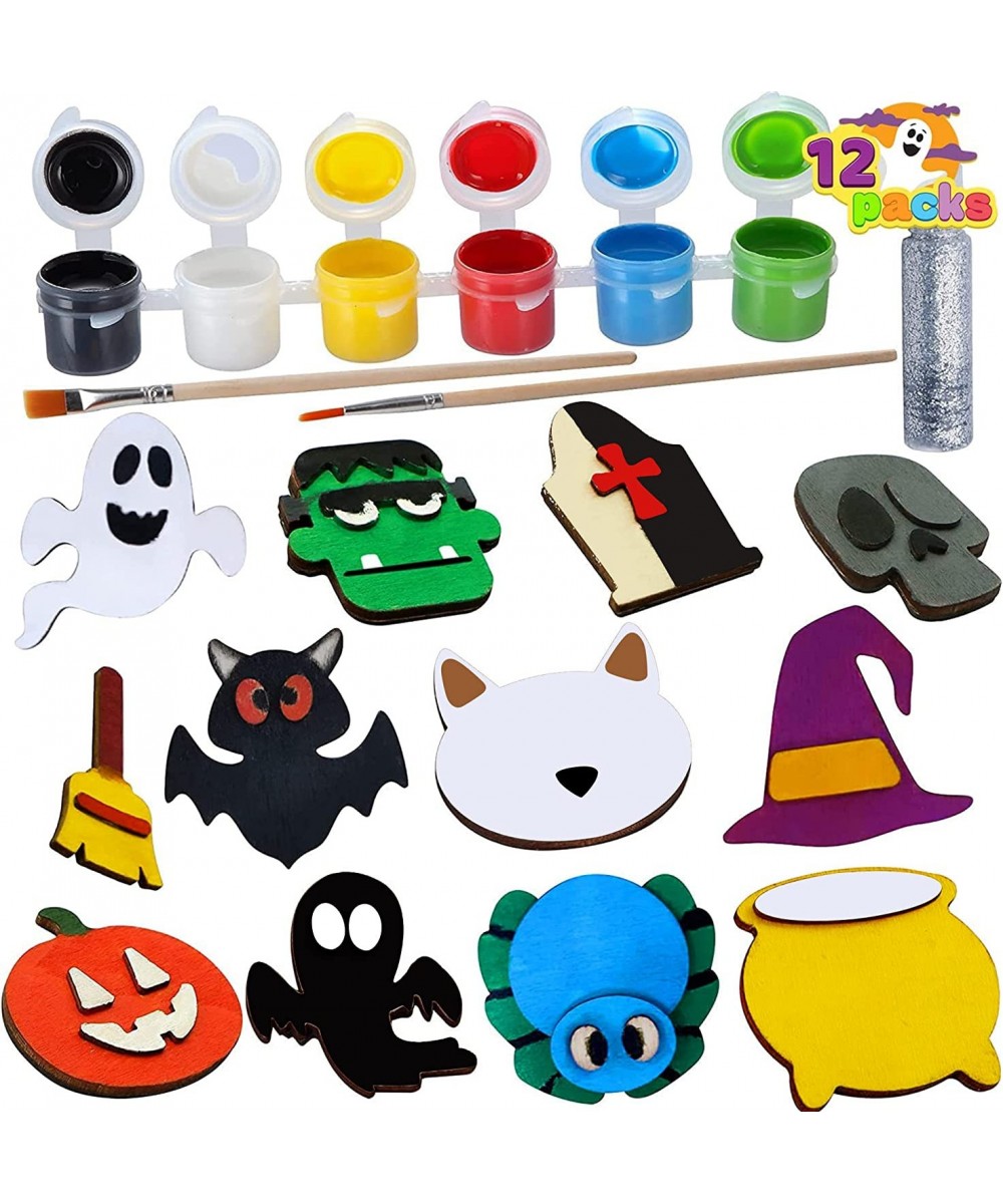 12 Pcs Halloween Craft Kid Wooden Magnet Creativity Arts DIY Halloween Painting Craft Kits for Kids Halloween Party Supplies ...