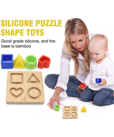 Silicone (Heart) Puzzle Shape Toy with a Bamboo Base Stacking Blocks Safe Teething & Squeezing Play BPA Free Developmental an...