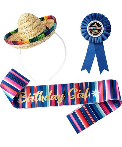 3Pcs Birthday Girl Party Accessory Set Mexican Sombrero Hat with Headband Sash Rosette Badge Pin Happy Birthday Cinco?De?Mayo...