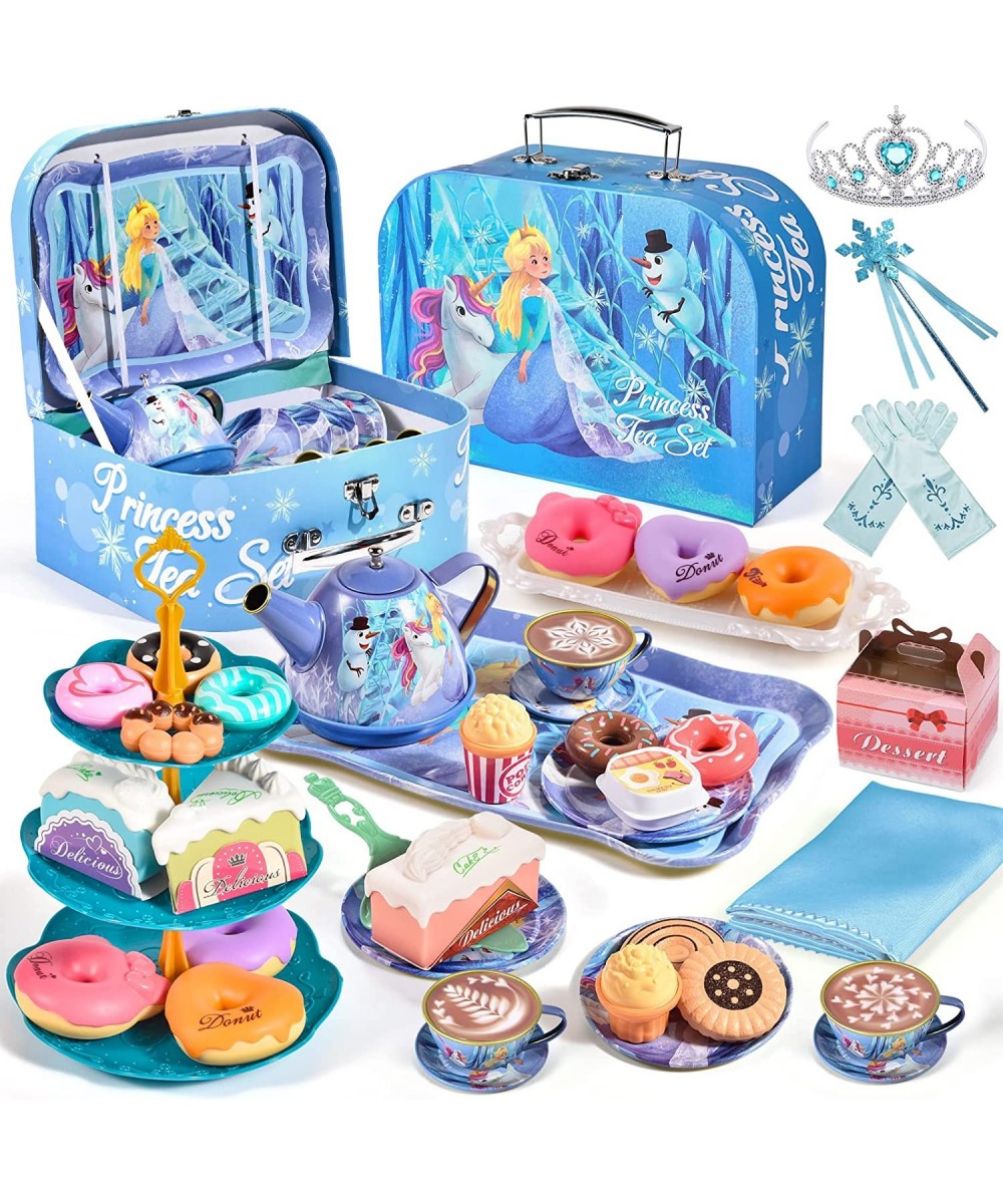 Tea Party Set for Little Girls Frozen Toys Inspired Elsa Princess Gift 49Pcs Kid Tin Tea Set & Luxury Food Playset & Carry Ca...