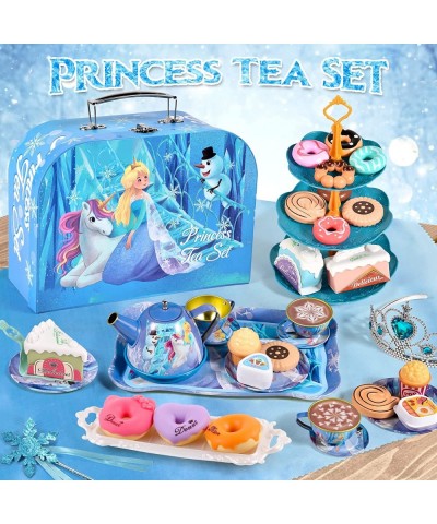 Tea Party Set for Little Girls Frozen Toys Inspired Elsa Princess Gift 49Pcs Kid Tin Tea Set & Luxury Food Playset & Carry Ca...