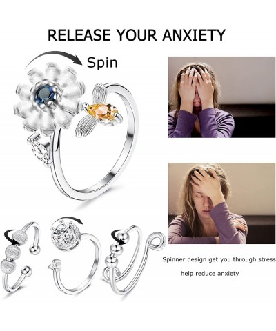 4PCS Fidget Anxiety Rings for Women Adjustable Open Spinner Rings for Anxiety Cubic Zirconia Flower Beads Rings Set Rotatable...