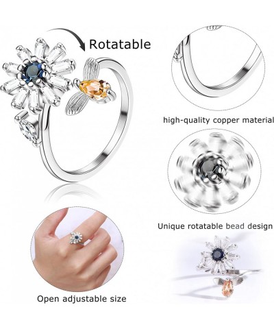 4PCS Fidget Anxiety Rings for Women Adjustable Open Spinner Rings for Anxiety Cubic Zirconia Flower Beads Rings Set Rotatable...