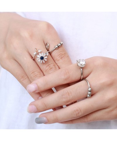 4PCS Fidget Anxiety Rings for Women Adjustable Open Spinner Rings for Anxiety Cubic Zirconia Flower Beads Rings Set Rotatable...