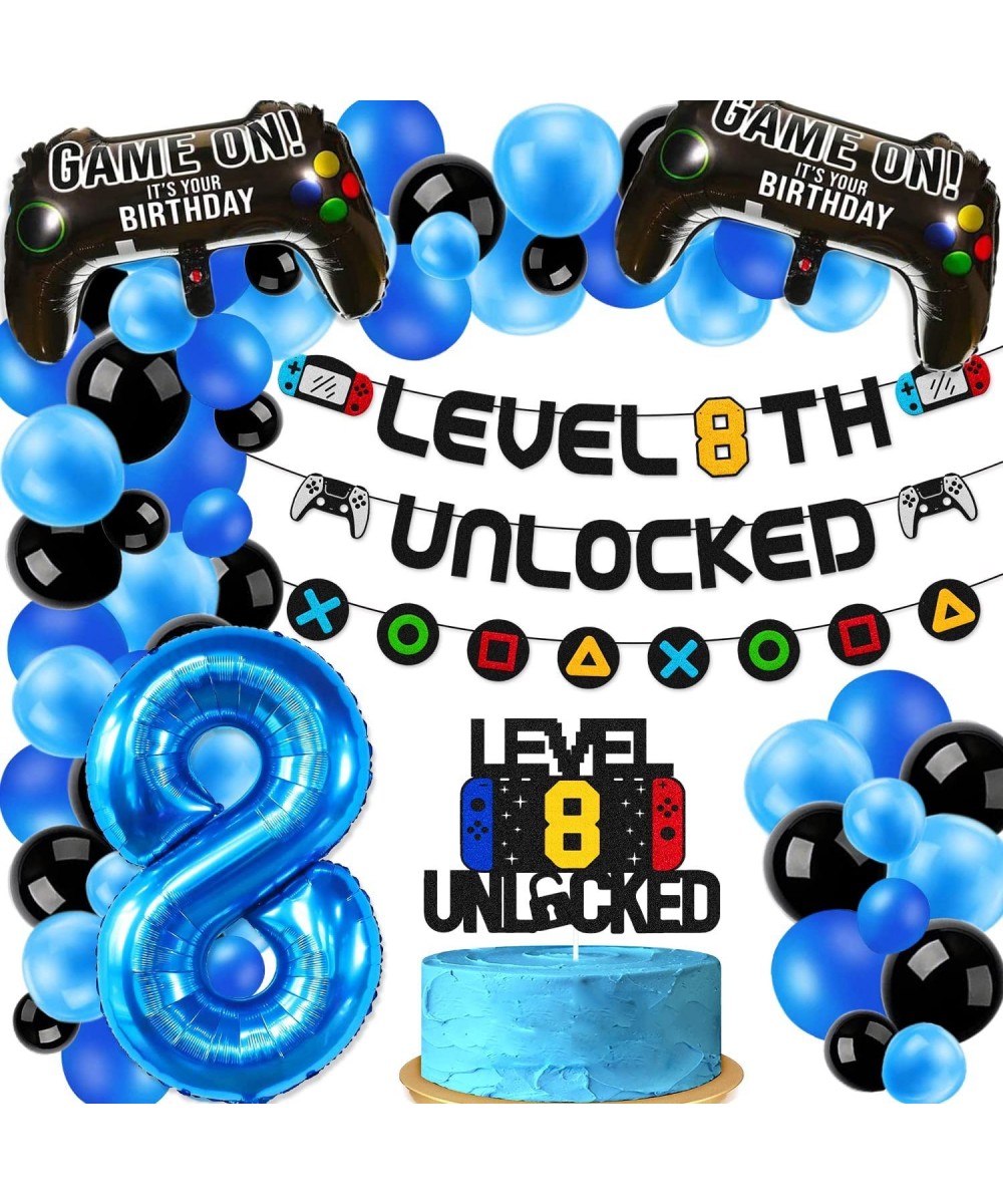 Level 8th Unlocked Sign Banner with 8th Cake Topper Video Game Balloons Happy 8th Birthday Level Up Eighth Bday Party Decorat...