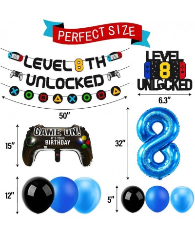 Level 8th Unlocked Sign Banner with 8th Cake Topper Video Game Balloons Happy 8th Birthday Level Up Eighth Bday Party Decorat...