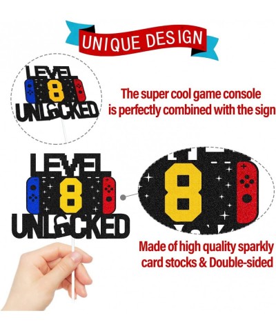 Level 8th Unlocked Sign Banner with 8th Cake Topper Video Game Balloons Happy 8th Birthday Level Up Eighth Bday Party Decorat...