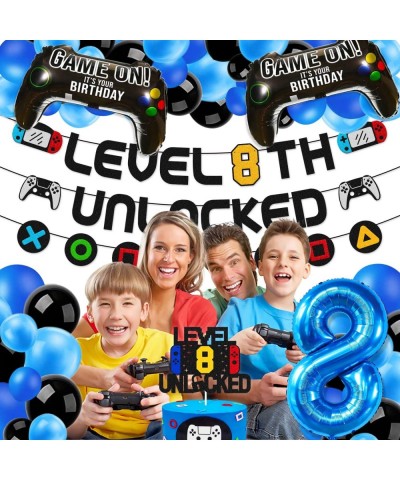 Level 8th Unlocked Sign Banner with 8th Cake Topper Video Game Balloons Happy 8th Birthday Level Up Eighth Bday Party Decorat...