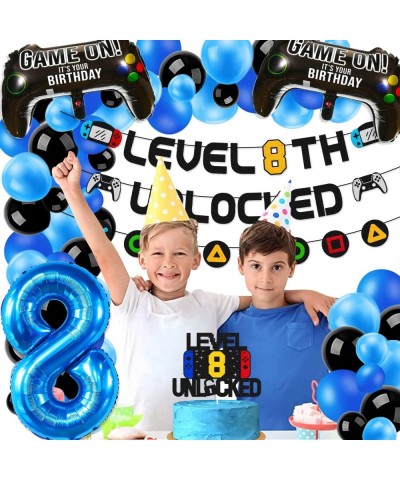 Level 8th Unlocked Sign Banner with 8th Cake Topper Video Game Balloons Happy 8th Birthday Level Up Eighth Bday Party Decorat...