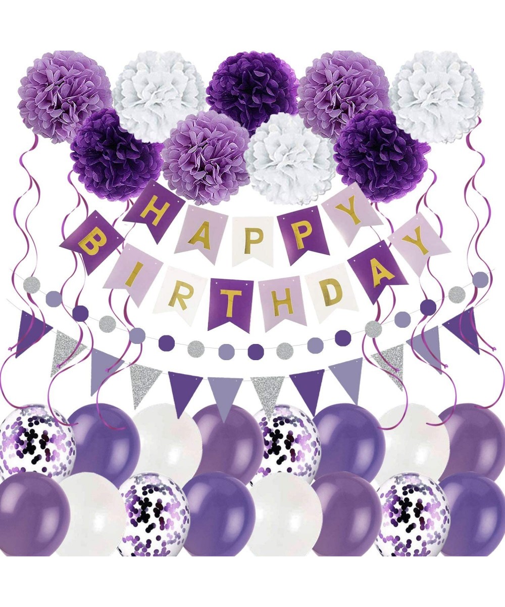 Purple White Birthday Decorations Party Supplies for Women Girls with Happy Birthday Banner Tissue Paper Pom Poms Triangular ...