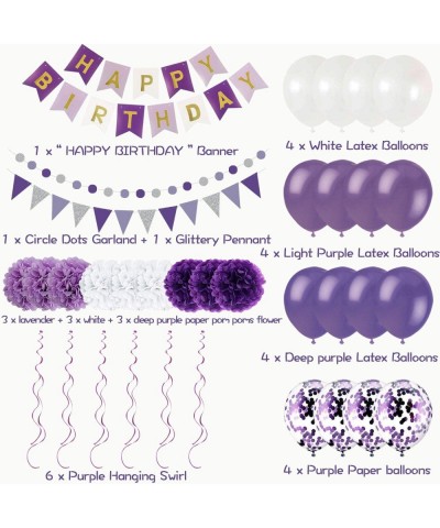 Purple White Birthday Decorations Party Supplies for Women Girls with Happy Birthday Banner Tissue Paper Pom Poms Triangular ...