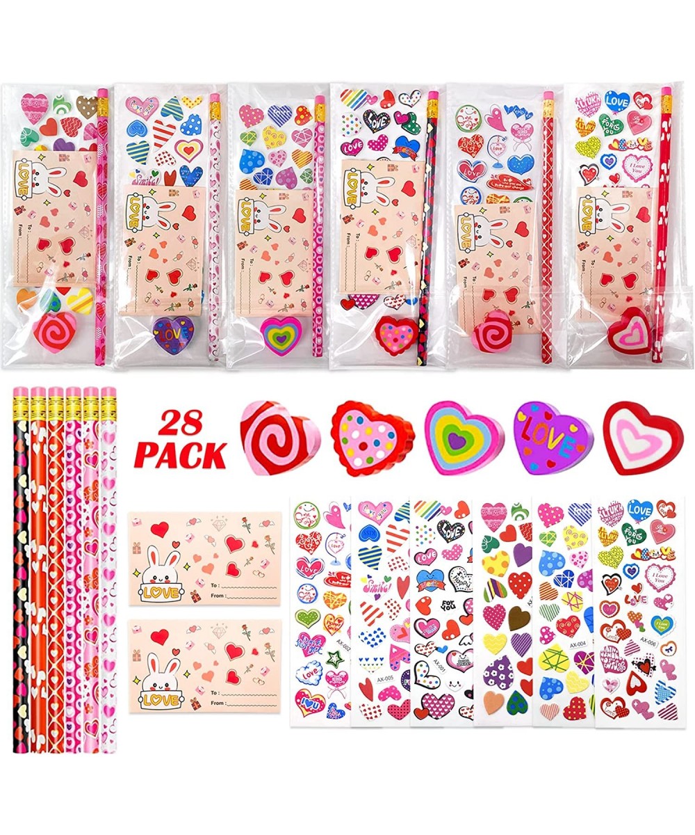 28 Pack Valentine's Day Stationary Kits Kids Classroom Gift Change Toys Pencils Erasers Stickers for Valentine School Classro...