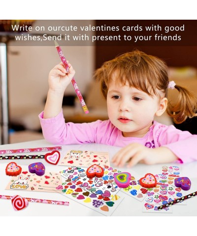 28 Pack Valentine's Day Stationary Kits Kids Classroom Gift Change Toys Pencils Erasers Stickers for Valentine School Classro...