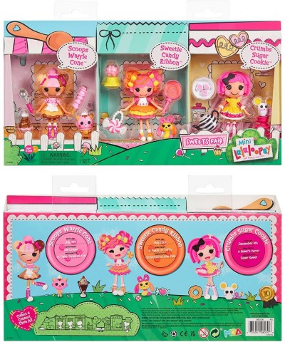 Mini Sweets Fair- Multi Pack Three 3" Dolls & 3 Pets with Crumbs Cookie Scoops Waffle Cone & Sweetie Candy Ribbon Plus Adorab...