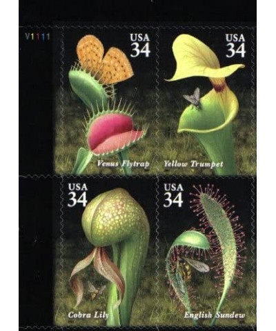 2001 CARNIVOROUS PLANTS ~ VENUS FLYTRAP ~ YELLOW TRUMPET~ COBRA LILY ~ ENGLISH SUNDEW 3531a Plate Block of 4 x 34 cents US Po...