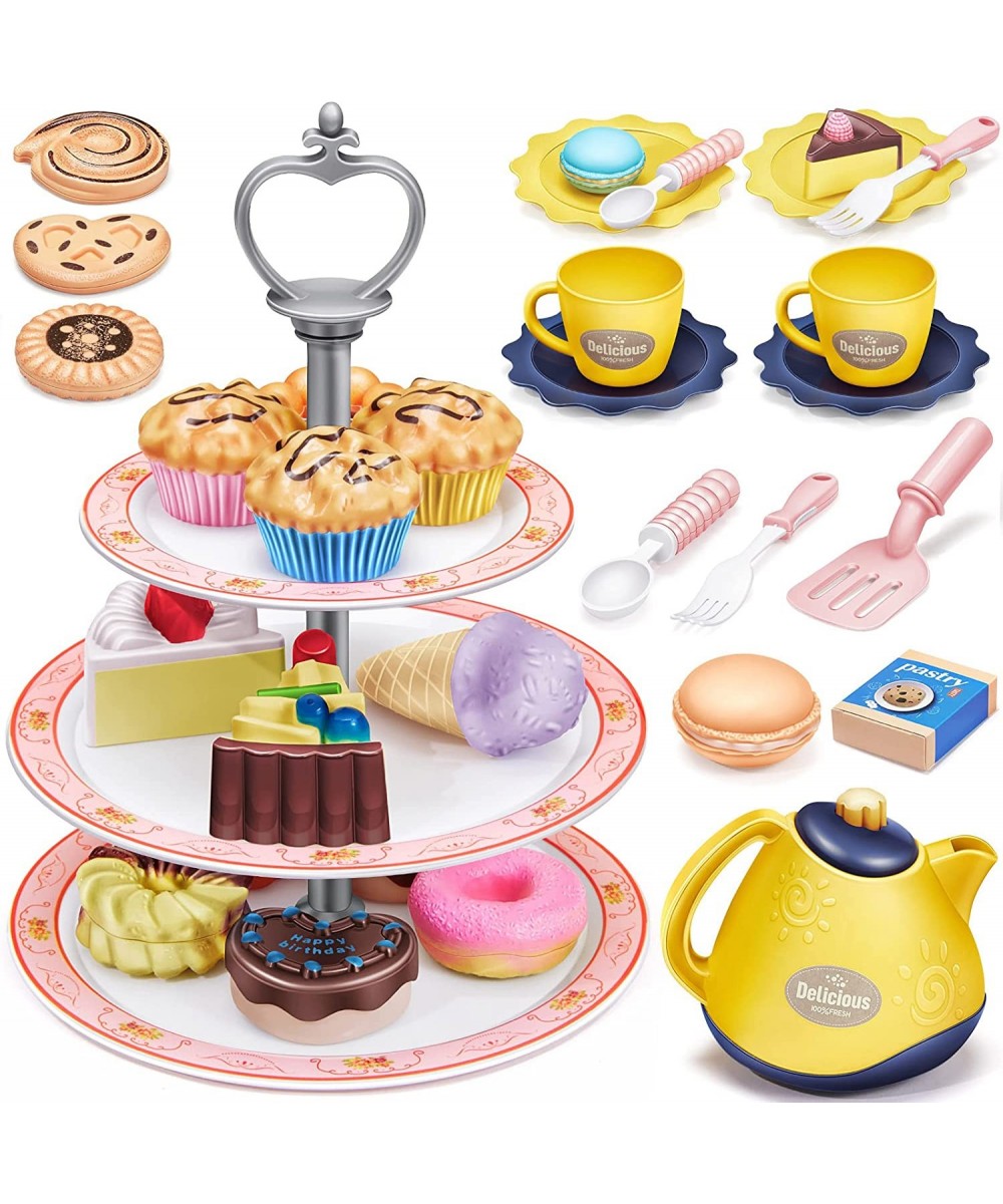 Tea Party Set for Little Girl Tea Time Pastry Tower Pretend Play Kitchen Toy Sweet Princess Dessert Stand Includes Plastic Te...