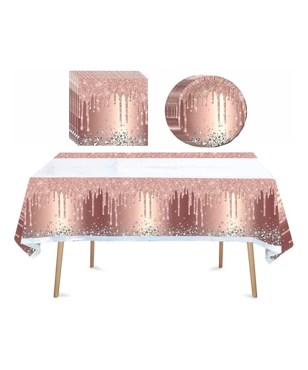 41pcs Pink Rose Golden Party Supplies Include 20 Plates 20 Napkin and 1pcs Tablecloth Used for Pink Rose Golden Birthday Part...