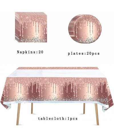 41pcs Pink Rose Golden Party Supplies Include 20 Plates 20 Napkin and 1pcs Tablecloth Used for Pink Rose Golden Birthday Part...