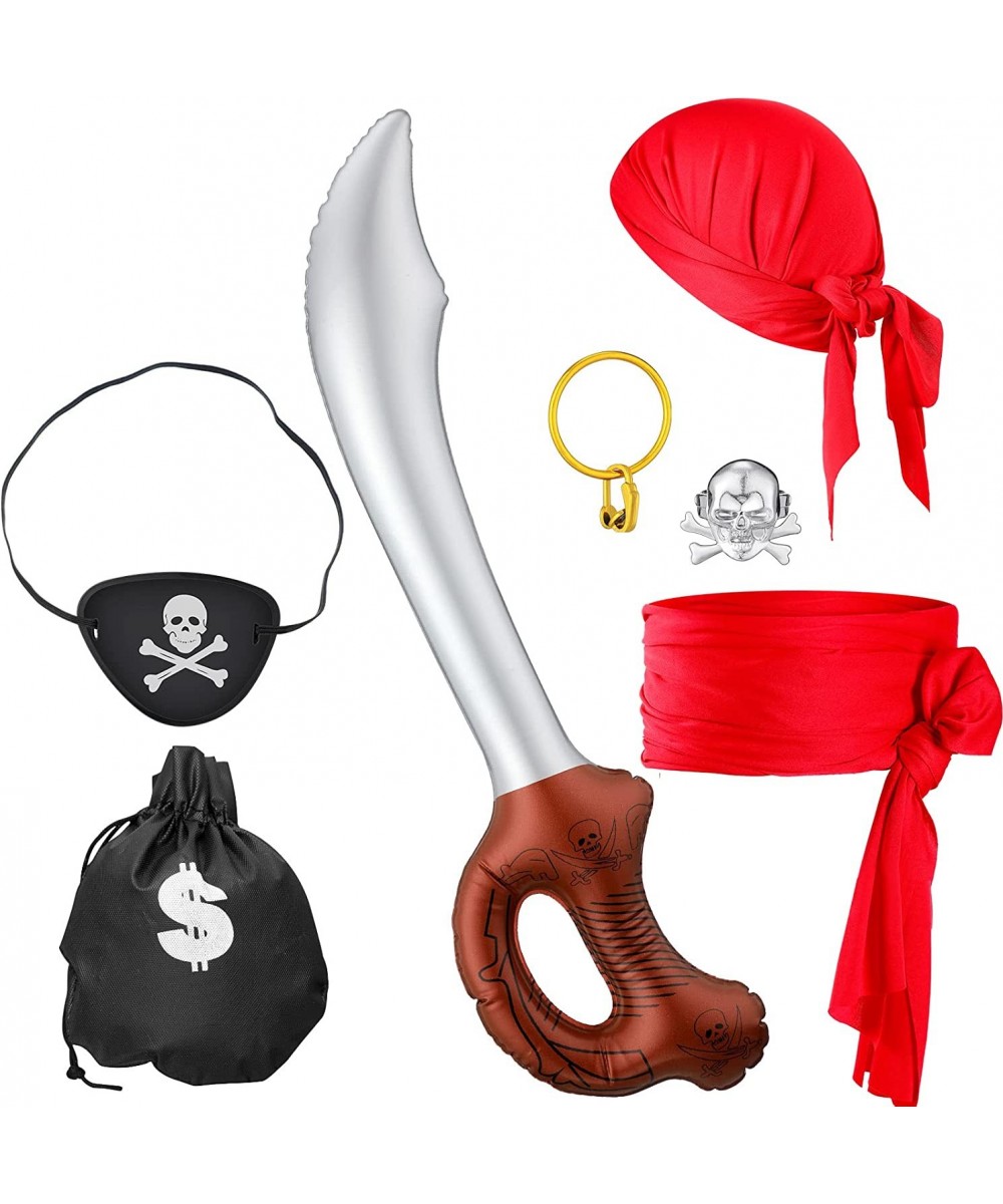 7 Pcs Halloween Pirate Costume Accessory Set for Kids Red Head Tie Bandana Long Pirate Sash Black Eye Patch Gold Earring Silv...