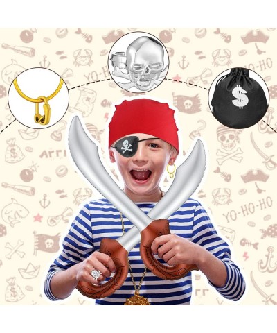 7 Pcs Halloween Pirate Costume Accessory Set for Kids Red Head Tie Bandana Long Pirate Sash Black Eye Patch Gold Earring Silv...