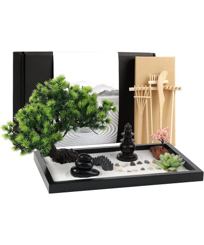 Zen Garden Kit for Desk Decor - Premium Beautiful Japanese Mini Zen Sand Garden Box Set for Home Office with Black Wooden Tra...