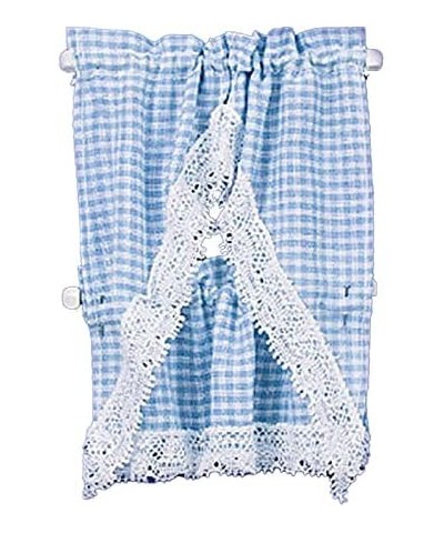 Melody Jane Dollhouse Blue Gingham Kitchen Curtains & Valance on Rail Miniature Accessory $33.21 Dollhouse Accessories