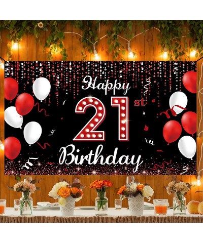 21st Birthday Decorations Banner Backdrop Happy 21st Birthday Decorations for Her Red Black and White 21 Birthday Party Photo...