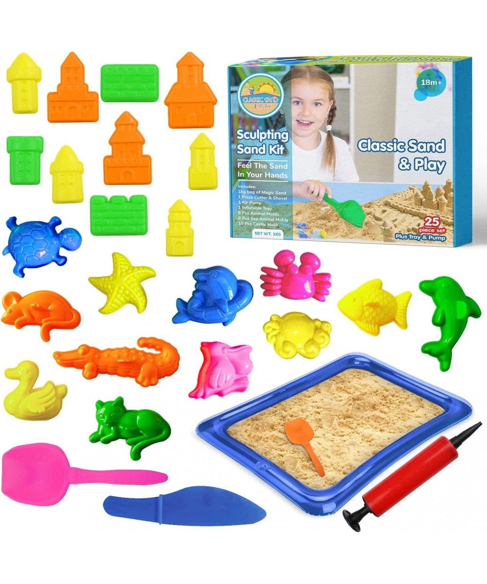 Sculpting Play Sand for Kids 25 Pc Kit Natural Colored Sand with Plastic Beach Toys Castle and Sea Animal Molds Shovel Inflat...