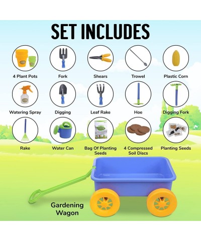 Budding Gardener Wagon and Tool Set for Kids 16 Pieces with Soil Gardening Seeds Water Pail Planting Pots Rake and More Acces...