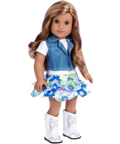 Feeling Happy - 4 Piece Outfit - Skirt White T-Shirt Blue Jeans Vest and White Cowgirl Boots - Clothes Fits 18 Inch Doll (Dol...